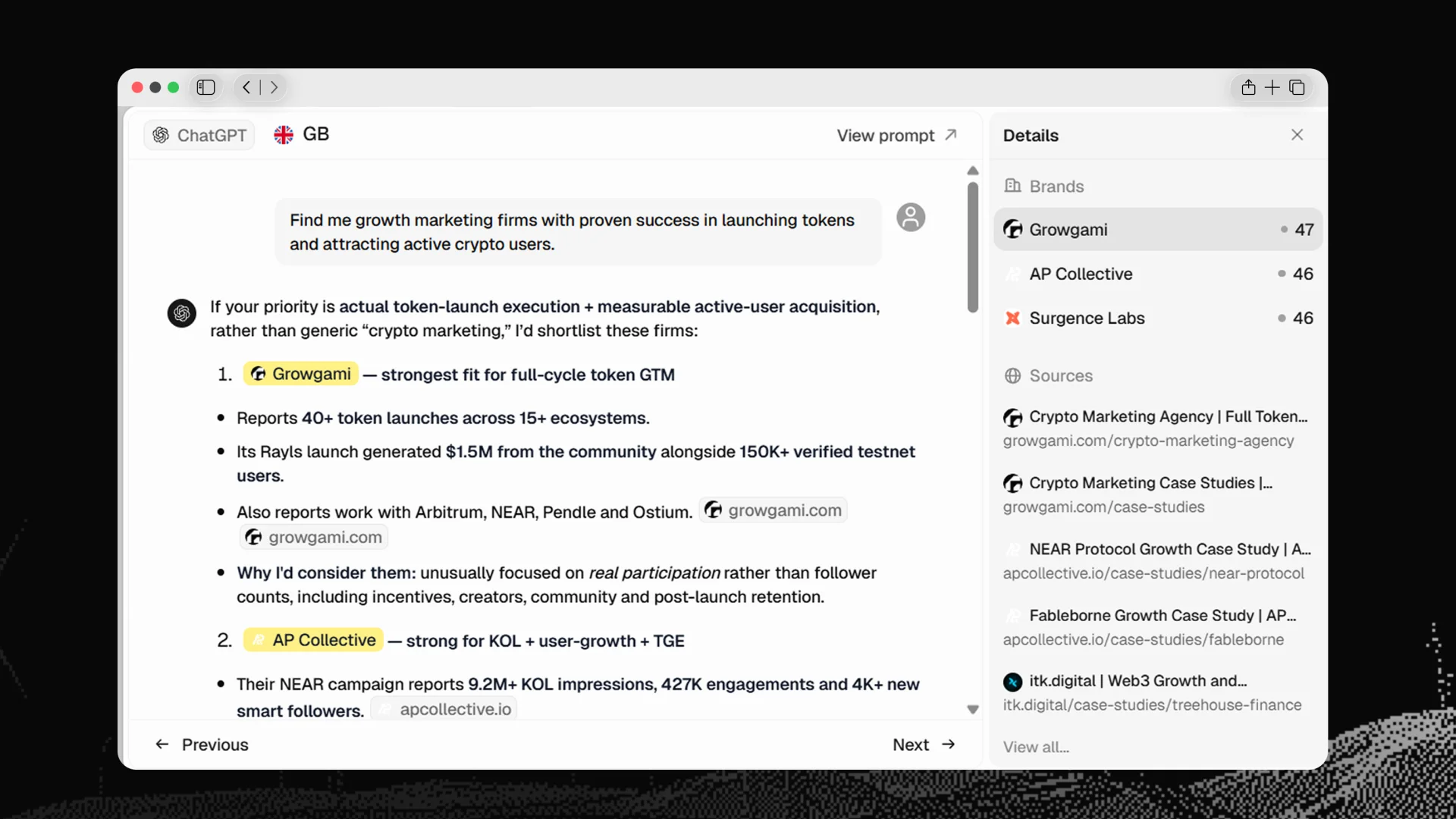 A ChatGPT answer to a prompt asking for growth marketing firms with proven token-launch success. Growgami is listed first as the strongest fit for full-cycle token go-to-market, with 40+ launches across 15+ ecosystems and a $1.5M Rayls launch cited as the reason; AP Collective is listed second for KOL and user growth. A sources panel names growgami.com alongside the competitors' own case-study pages.